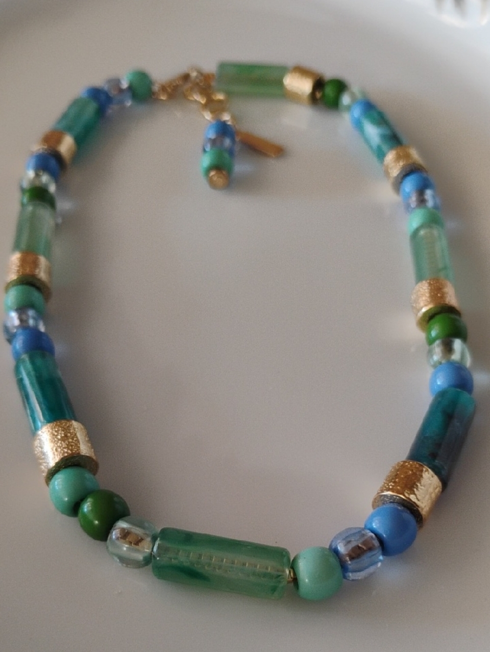 Sugarfix Lucite Bead  Blue-Green Beaded Necklace with Gold Accents